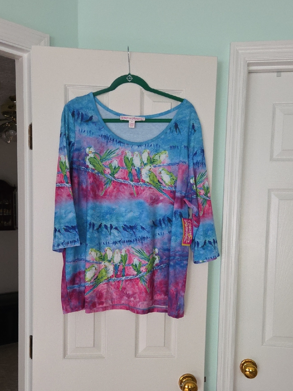 Tropical Parrot Scoop Neck Long Sleeve Top - Blue & Pink